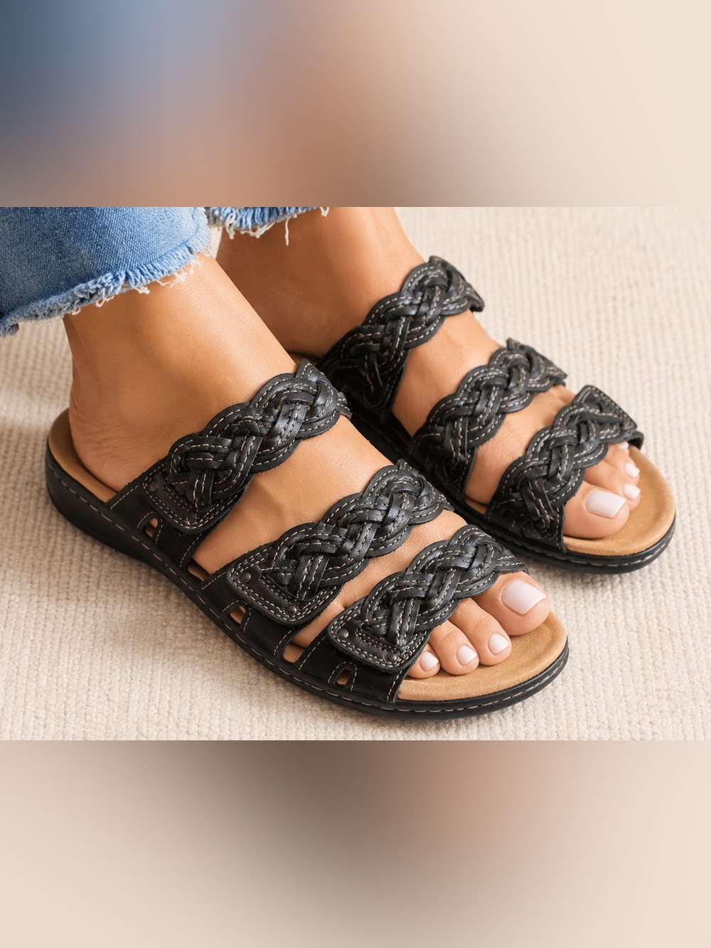 Clarks Collection Black Braided Slide Sandals Ultimate Comfort Women’s Size 7 M